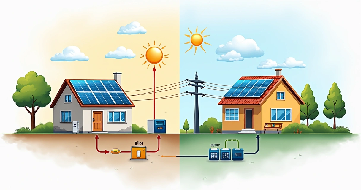 Desenho explicativo de sistemas fotovoltaicos on-grid e off-grid 