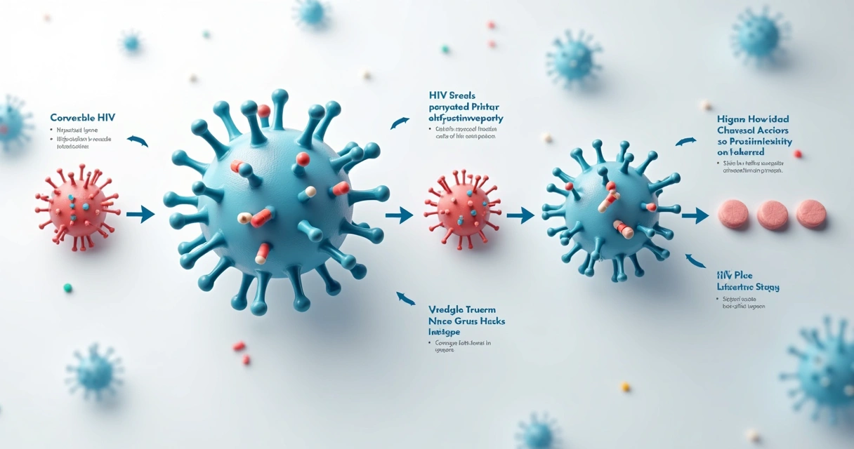 Representação visual do esquema terapêutico do HIV com comprimidos e moléculas do vírus.
