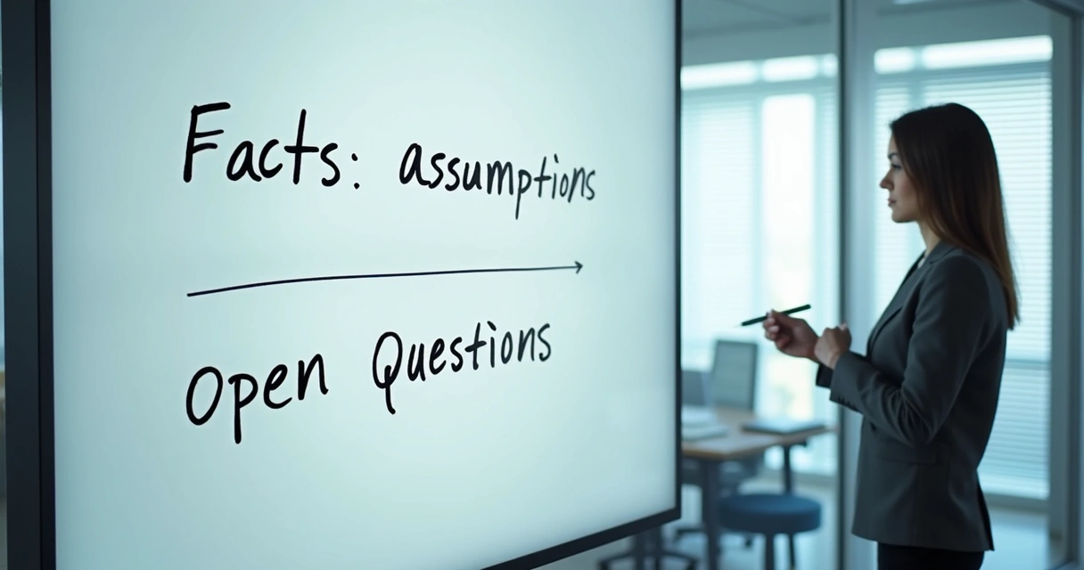 Esquema visual con columnas de hechos suposiciones y dudas en una pizarra