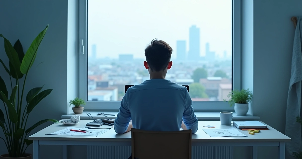 Profissional trabalhando sozinho em um escritório minimalista 