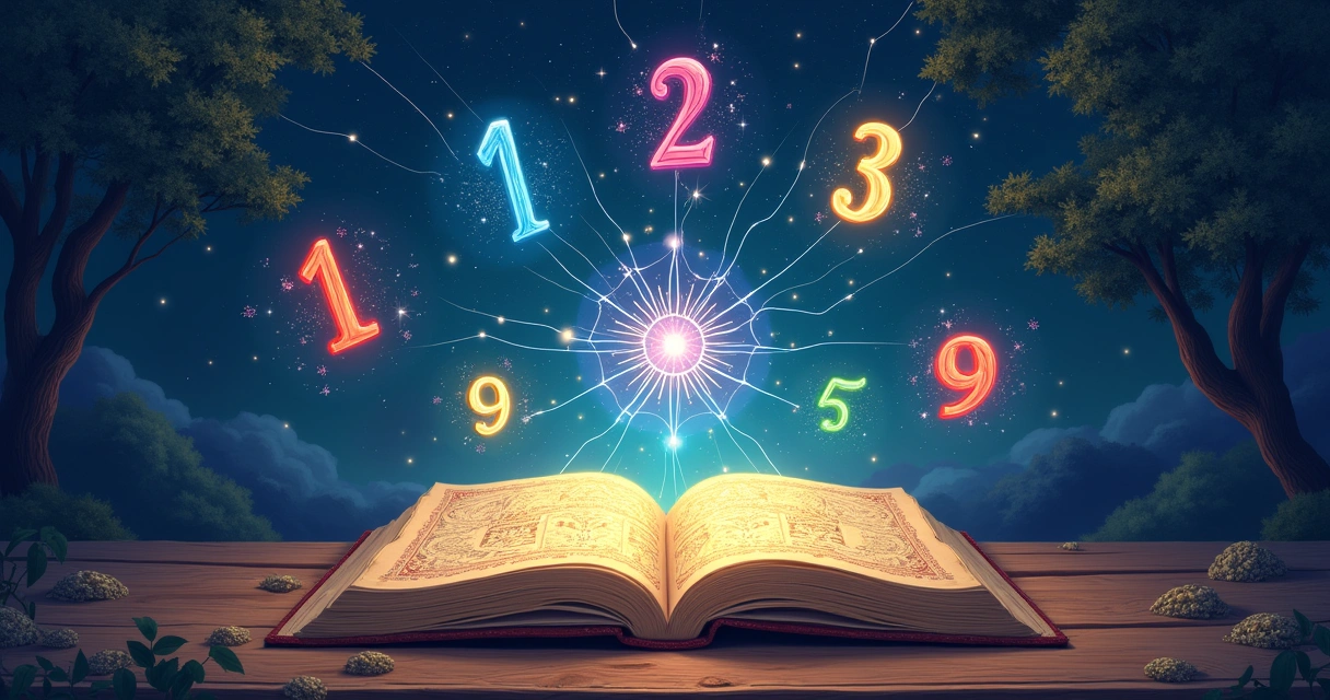 Ilustração de um livro antigo aberto com números coloridos e constelações místicas, evocando a essência da numerologia.
