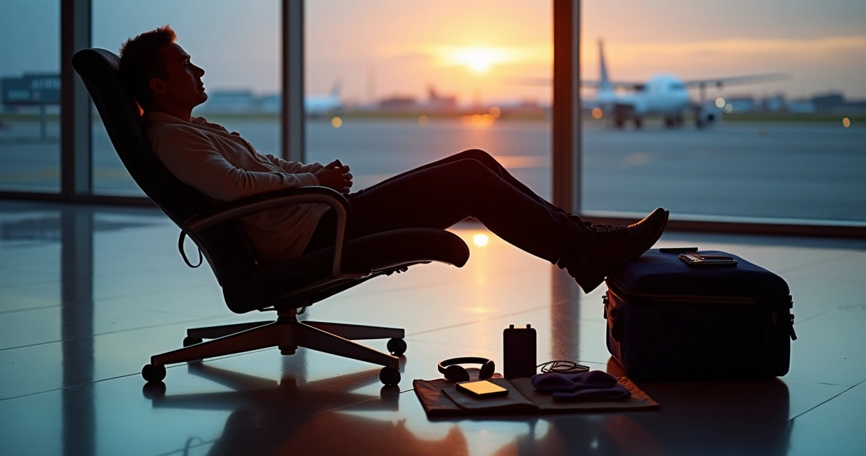 Viajante descansando em poltrona de aeroporto com itens essenciais ao lado 