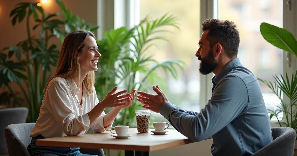 Duas pessoas em uma conversa tranquila, uma delas faz gesto com as mãos mostrando limites 