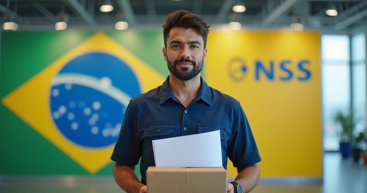 Homem trabalhador com documentos e caixa de FGTS destacada ao fundo. 
