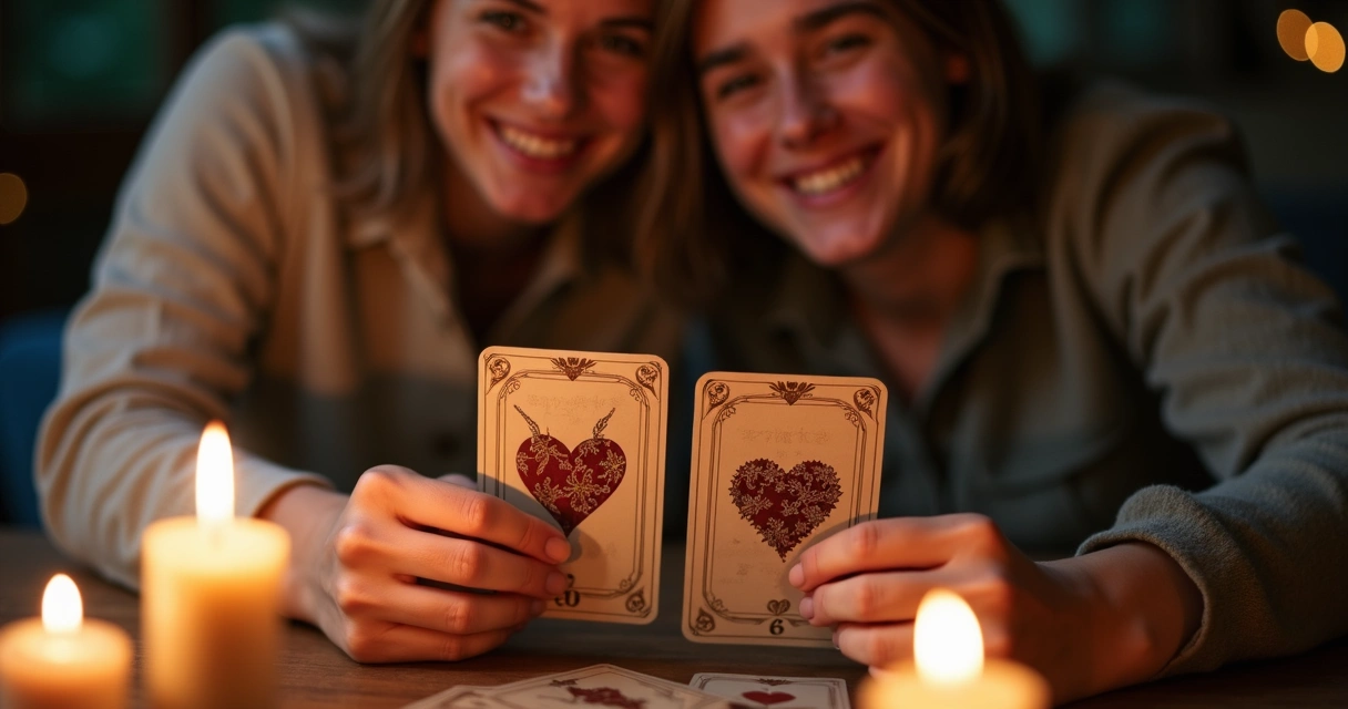 Casal sentado lado a lado segurando cartas de baralho cigano sorrindo 