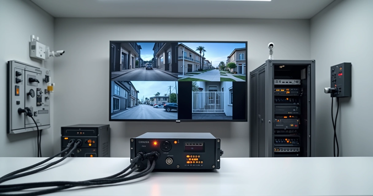 Estabilizador ligado a DVR, NVR e câmeras em rack de segurança eletrônica 