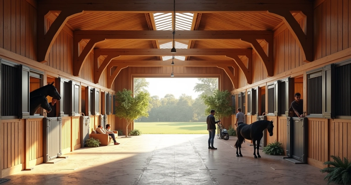 Interior de estábulo em madeira com cavalos e luz natural 