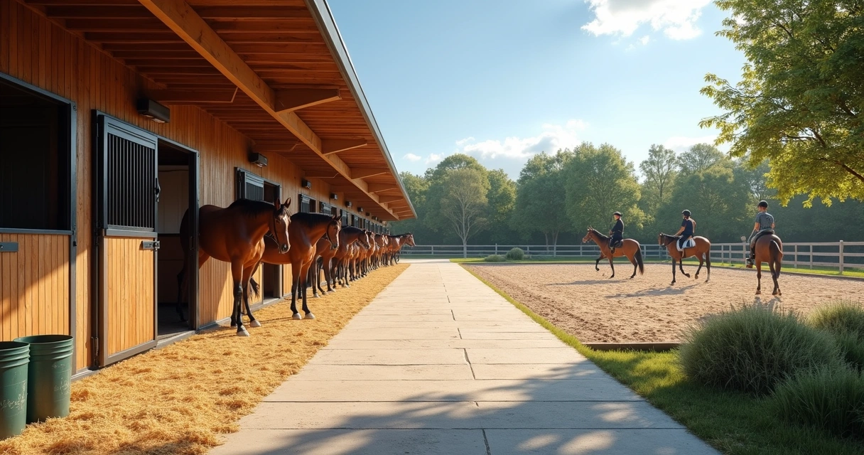 Estábulo organizado com cavalos em baias e área de treinamento externa com céu azul 
