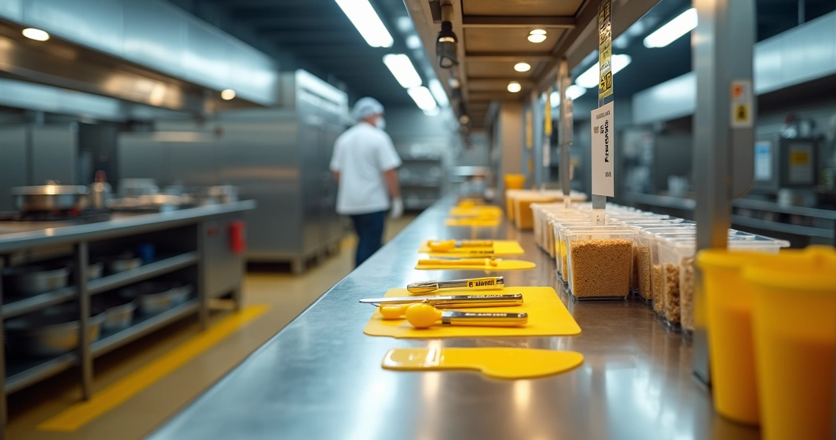 Estação separada de alergênicos em cozinha industrial organizada 