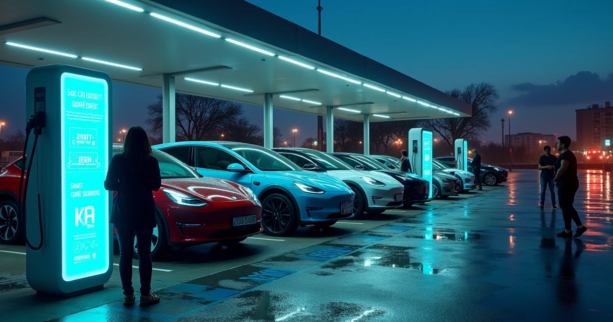 Vários carros elétricos compartilhando estação de carregamento rápida à noite 