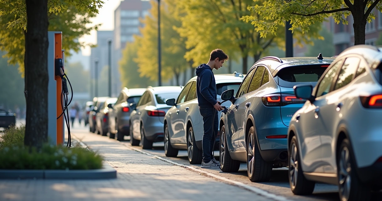 Estação de carregamento pública com motorista conectando carro elétrico