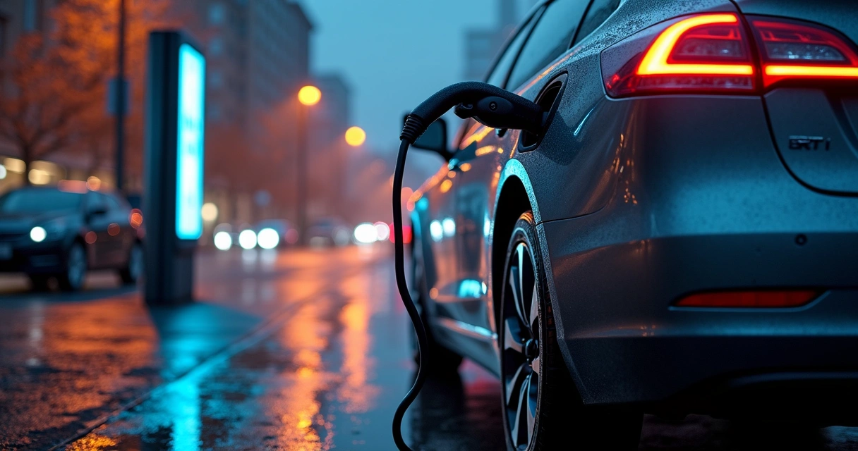 Carro elétrico em ponto de recarga noturno com alertas de segurança digitais 