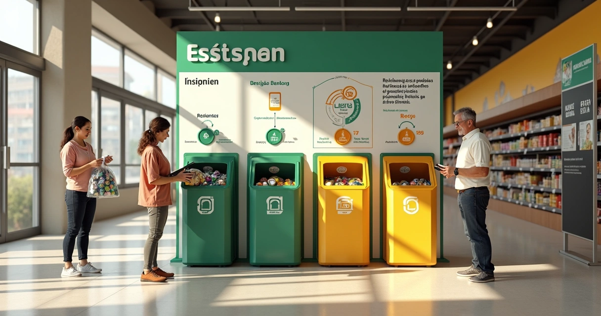 Ponto de coleta de recicláveis em supermercado com consumidores depositando resíduos separados 