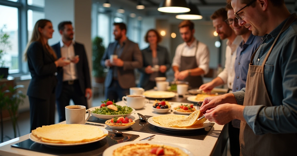 Estação de crepes ao vivo durante coffee break empresarial 