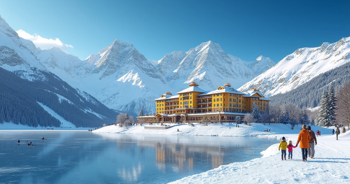 Estação de esqui à beira de lagoa cercada por montanhas nevadas