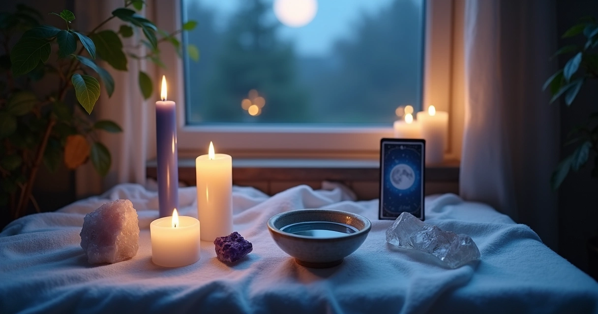 Estação lunar com velas, cristais, toalha branca e aquário com água 