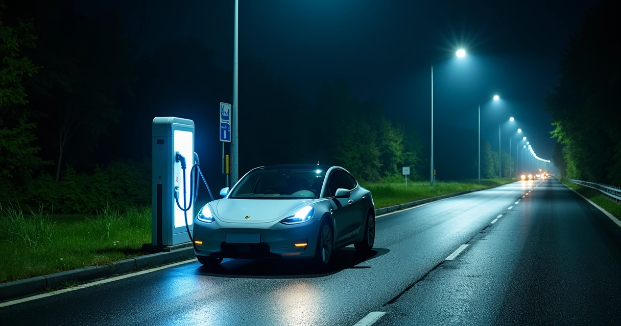 Carro elétrico em recarga rápida à noite na rodovia com luzes de segurança