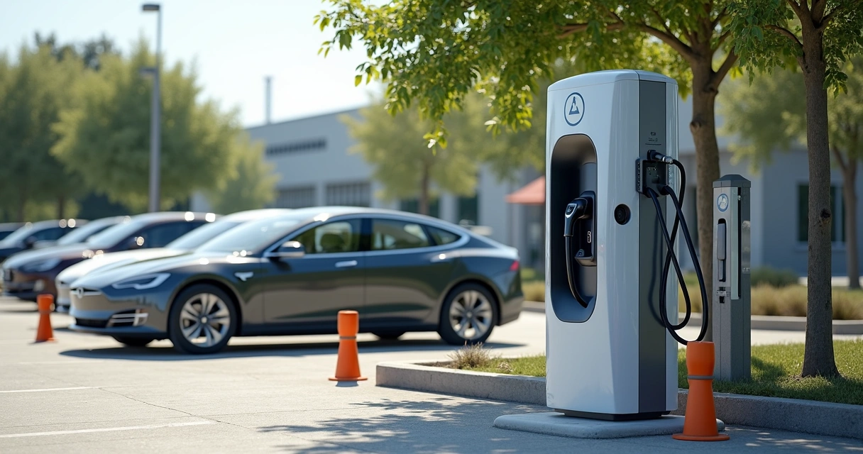 Estação de recarga de carro elétrico com pedestal em área externa 