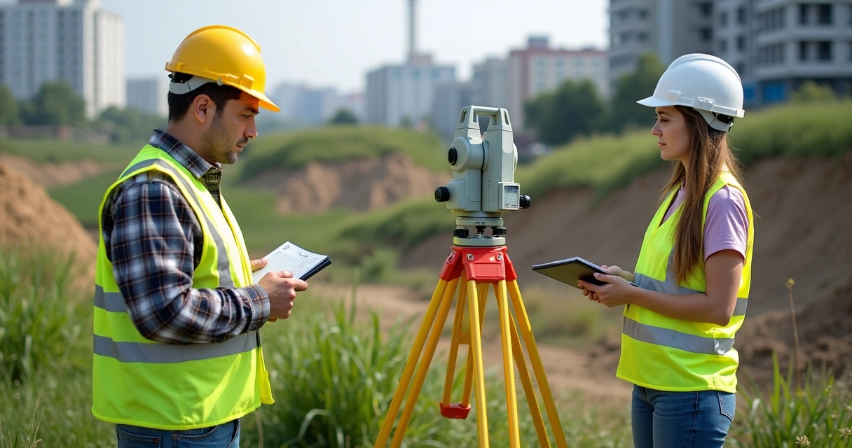 Engenheiro usando estação total em terreno acidentado 