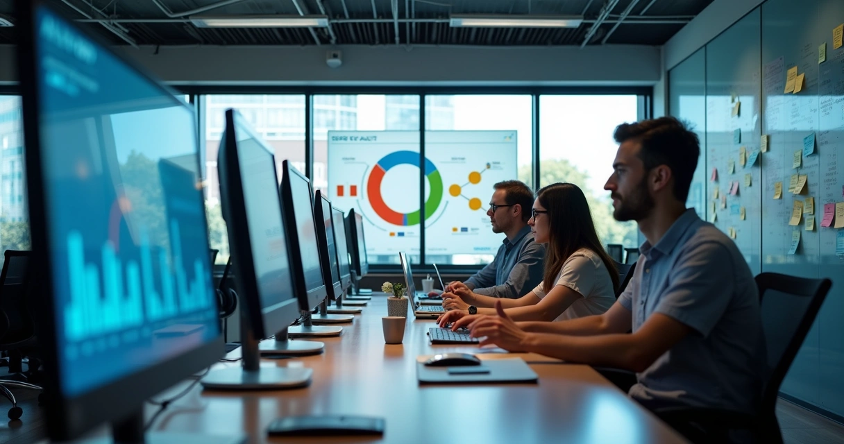 Equipe digital reunida em estação de trabalho com computadores e gráficos ao fundo