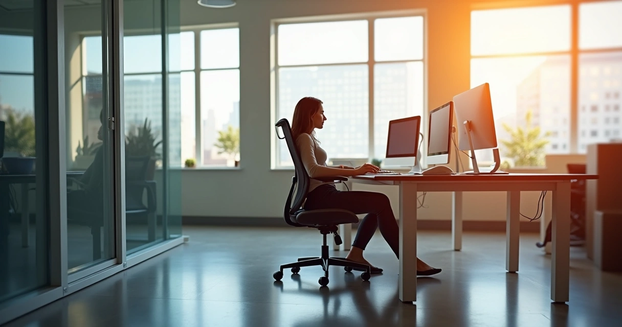Estação de trabalho ergonômica de escritório com cadeira ajustável e iluminação adequada. 