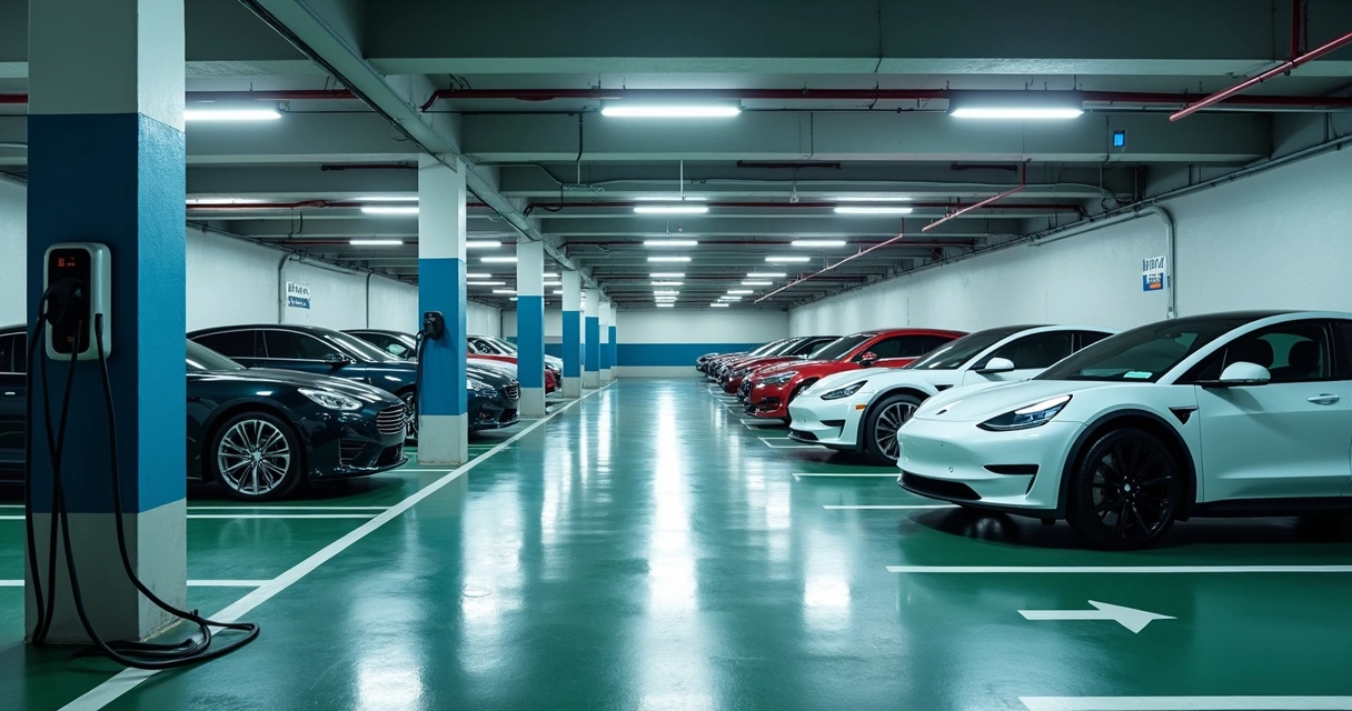 Vagas de garagem de condomínio com carros elétricos e cabos conectados 