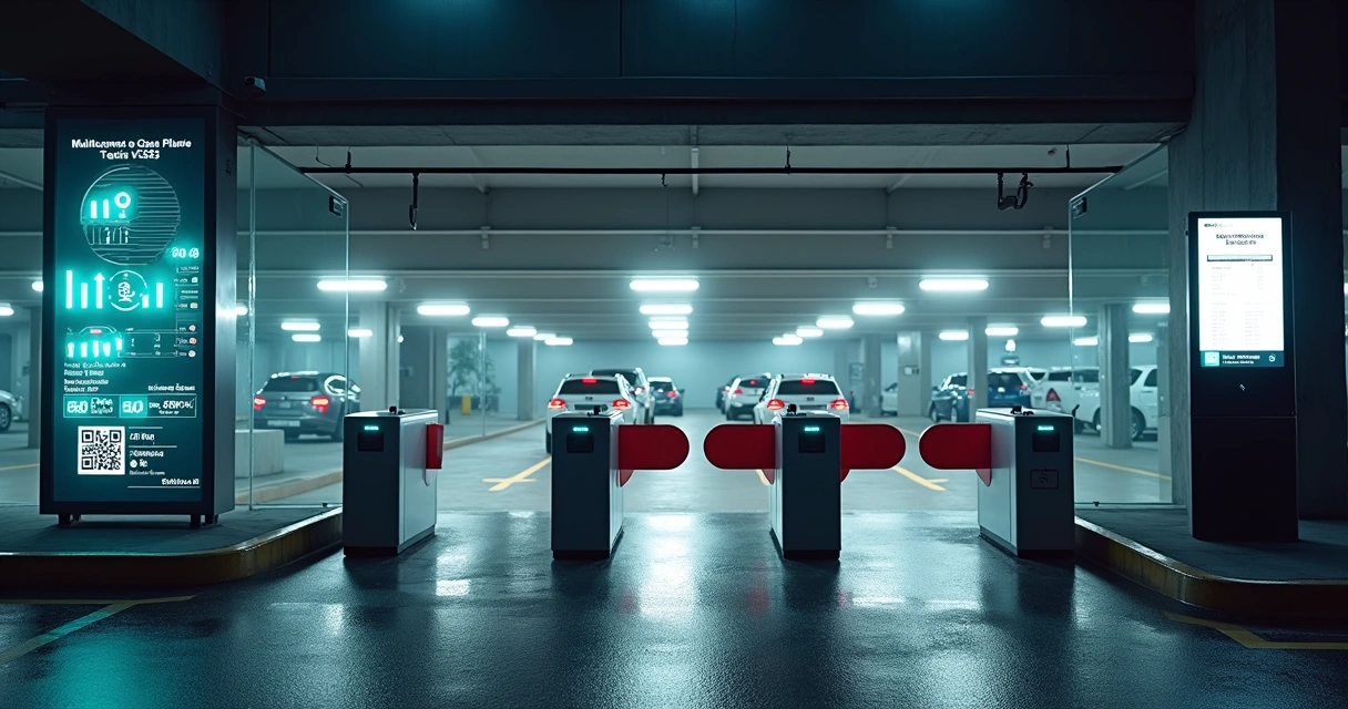 Entrada de estacionamento noturno com sinalização digital e cobrança automatizada 