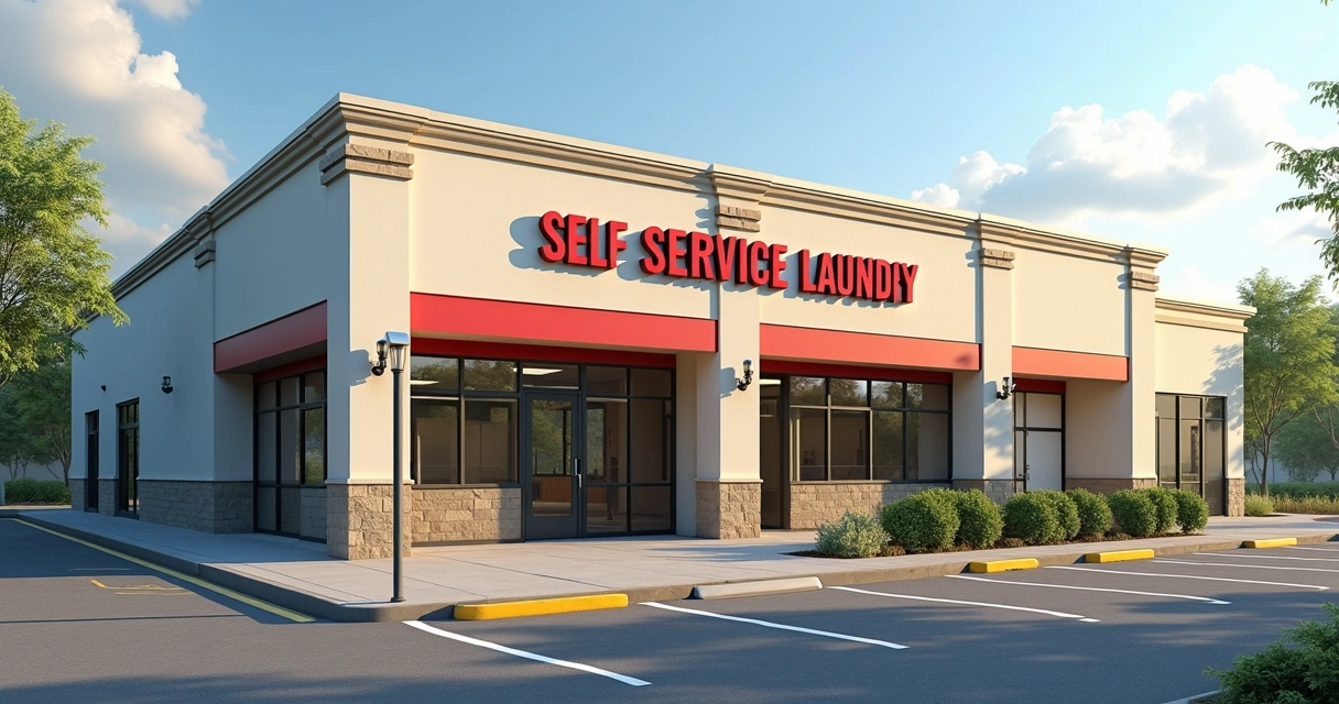 Estacionamento limpo e sinalizado na entrada de uma lavanderia 