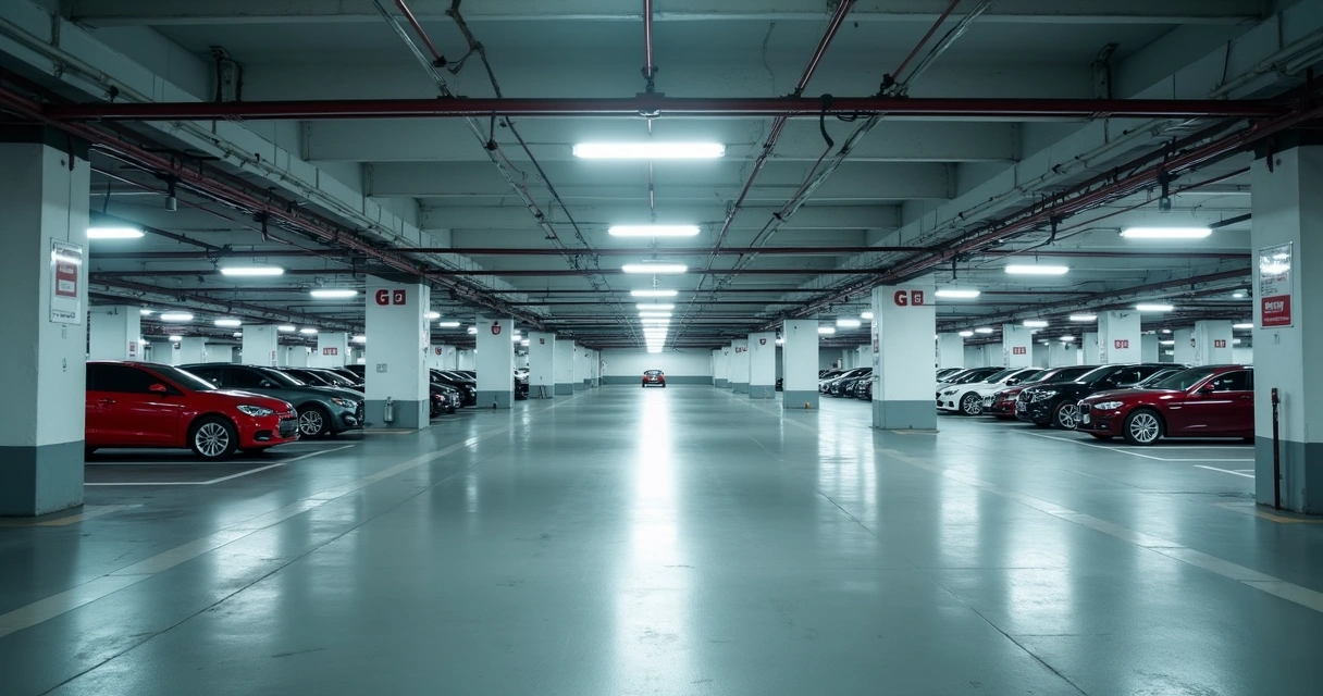 Estacionamento coberto de shopping com carros estacionados 