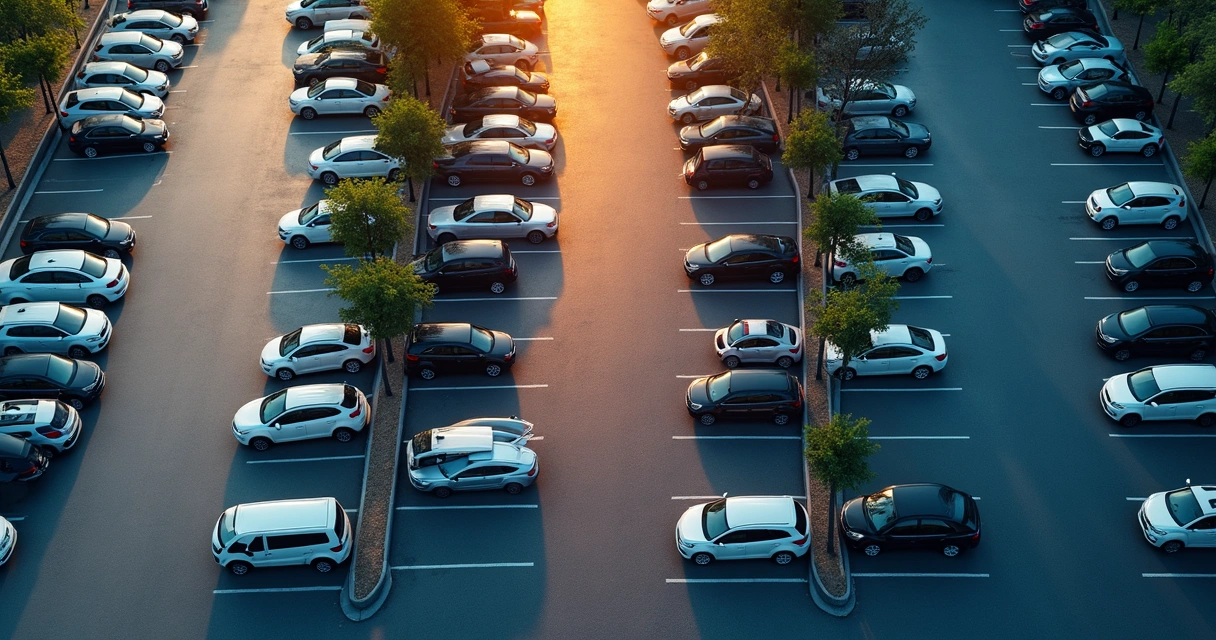 Área de estacionamento com carros entrando e saindo, vagas ocupadas e vagas vazias em diferentes horários do dia 