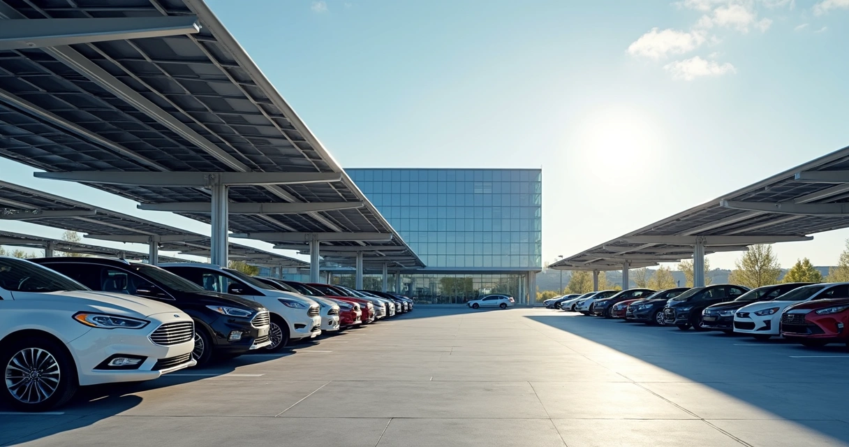 Estacionamento de empresa com estrutura de painéis solares sobre carros