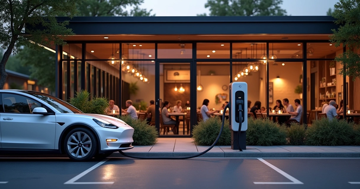 Um carro elétrico sendo recarregado no estacionamento de um restaurante 