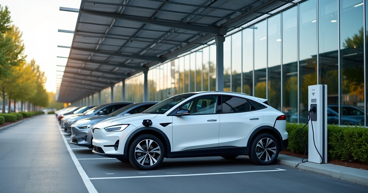 Estacionamento corporativo com painéis solares e carro elétrico recarregando 