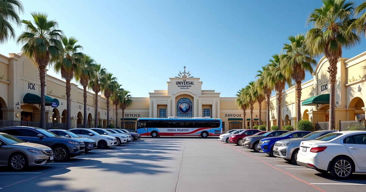 Carros e ônibus de turismo próximo à entrada do Universal Studios Hollywood 