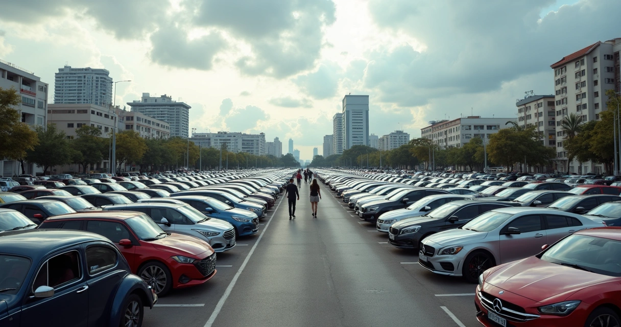 Estacionamento com diferentes carros de várias marcas 
