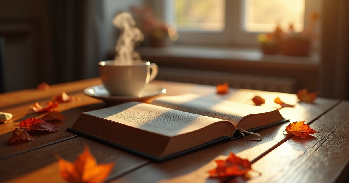 Bíblia, café e folhas do outono 