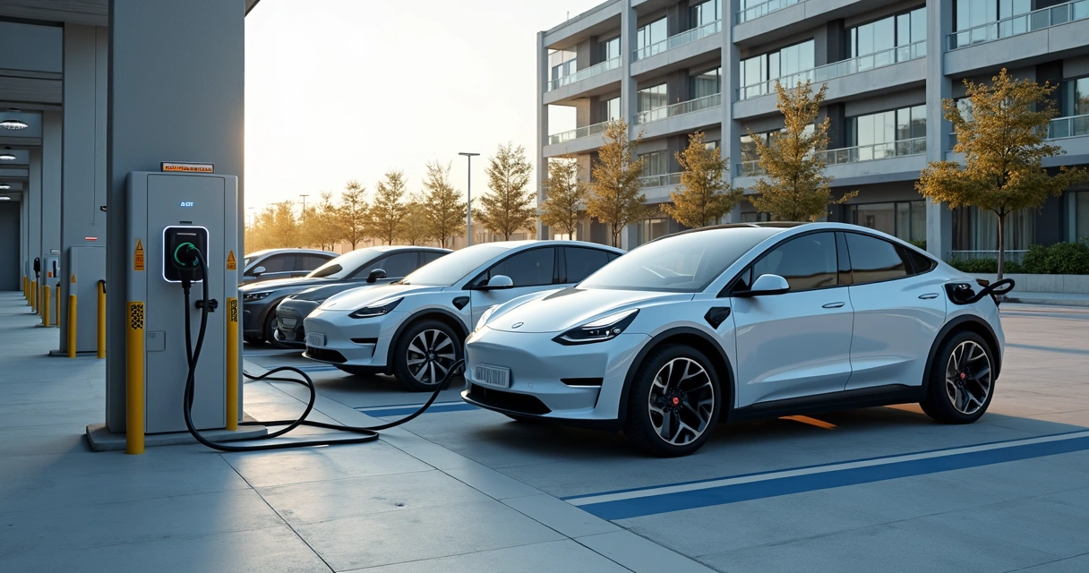 Estacionamento com vários veículos elétricos carregando 