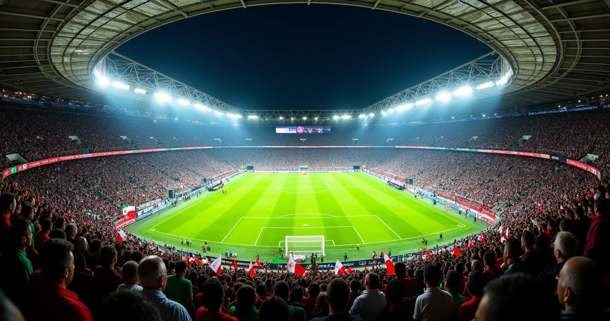 Estádio Azteca iluminado durante a noite, com torcedores nas arquibancadas e bandeiras mexicanas 