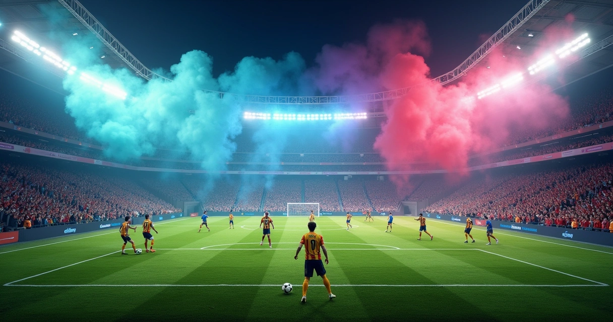 Jogadores em ação em um estádio de futebol vibrante, com torcedores animados e fogos de artifício no céu.