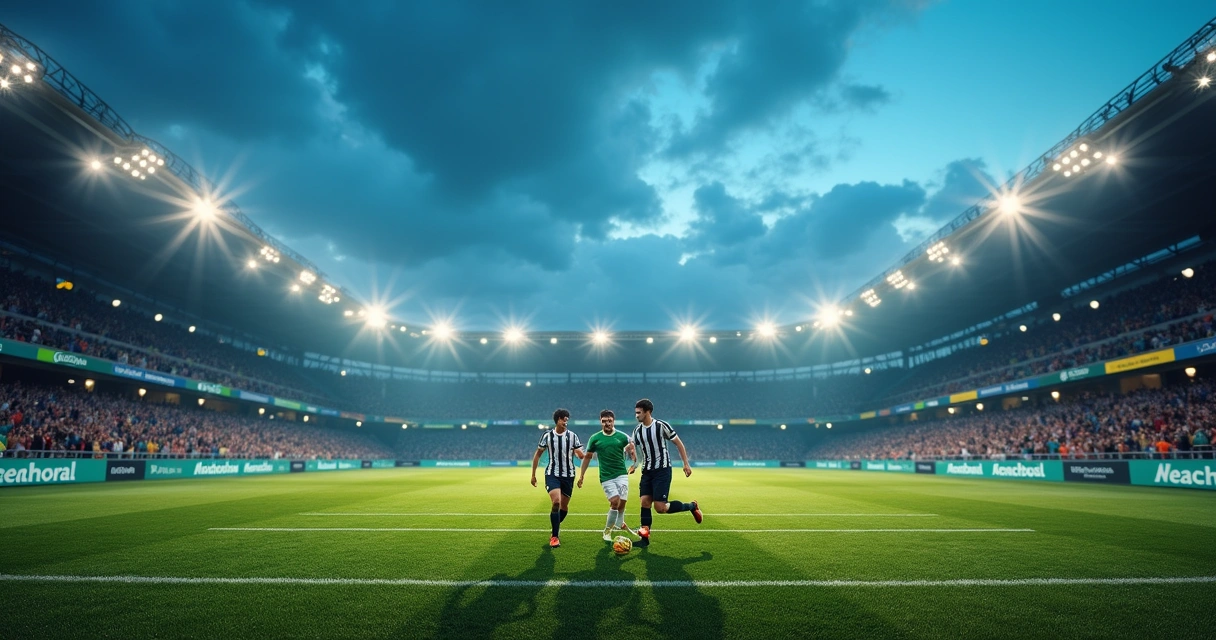 Cena de um estádio de futebol com equipes em campo, apostador com bilhete 