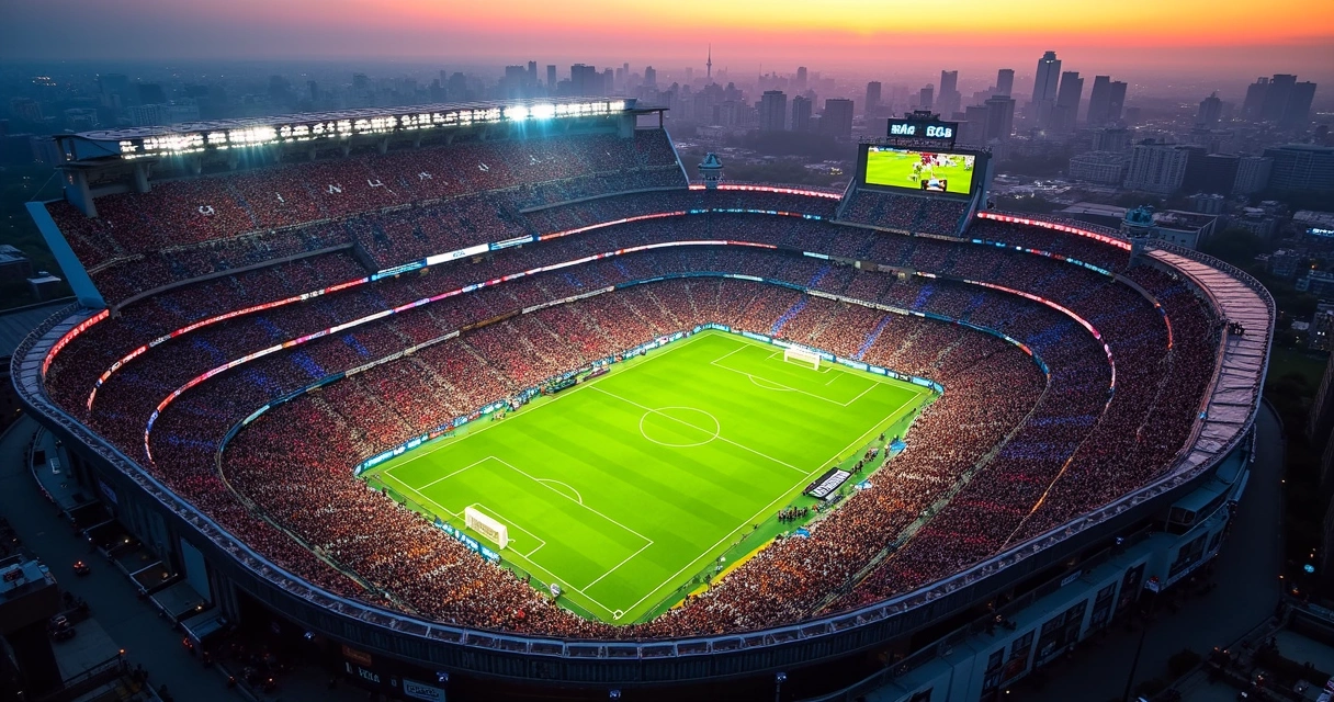 Visão aérea do MetLife Stadium, com campo de futebol e torcedores nas arquibancadas 