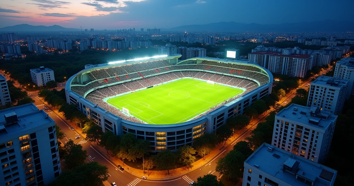 Vista aérea de estádio iluminado ao lado de edifícios residenciais modernos 