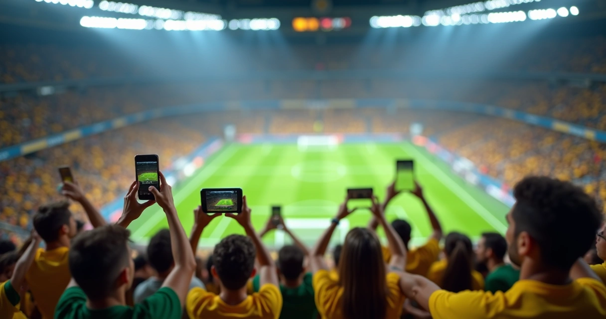 Torcedores em estádio gravando vídeos curtos com celulares