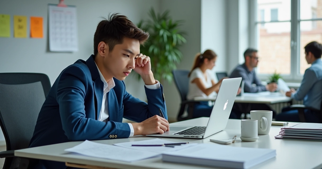Estagiário em mesa de escritório olhando para notebook e anotações 