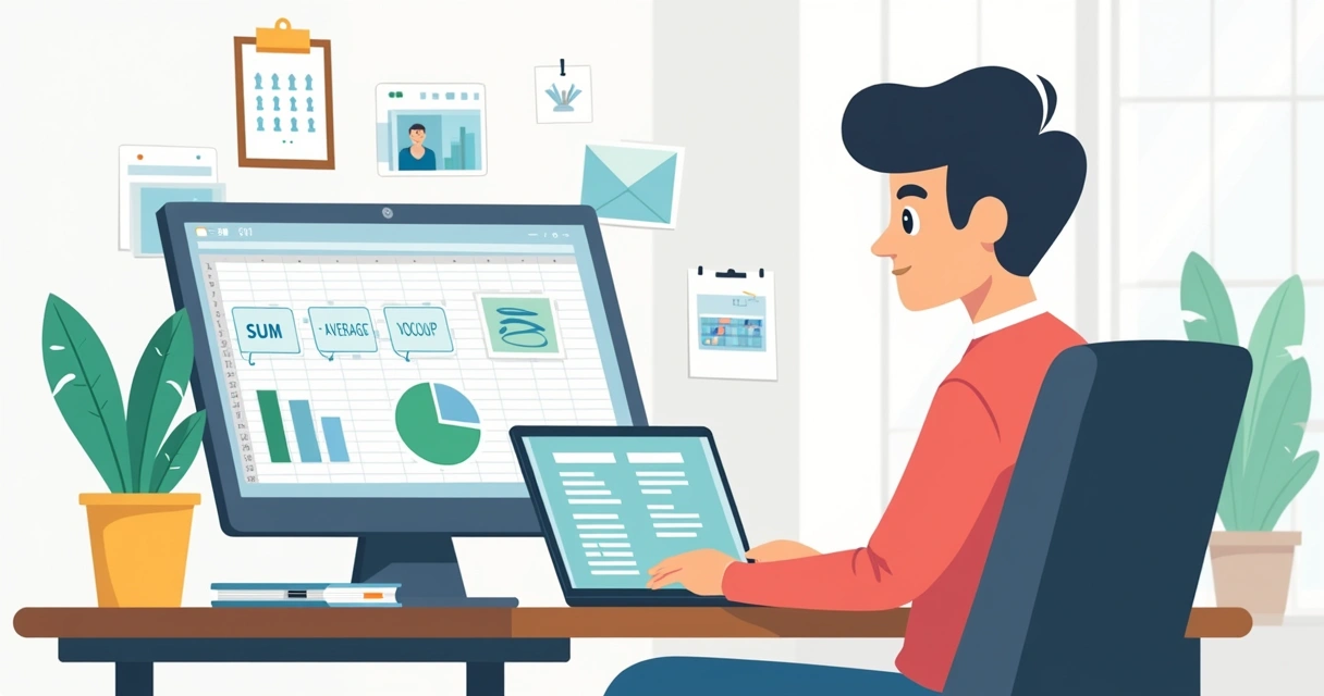 Estagiário usando notebook com fórmulas de Excel destacadas na tela 