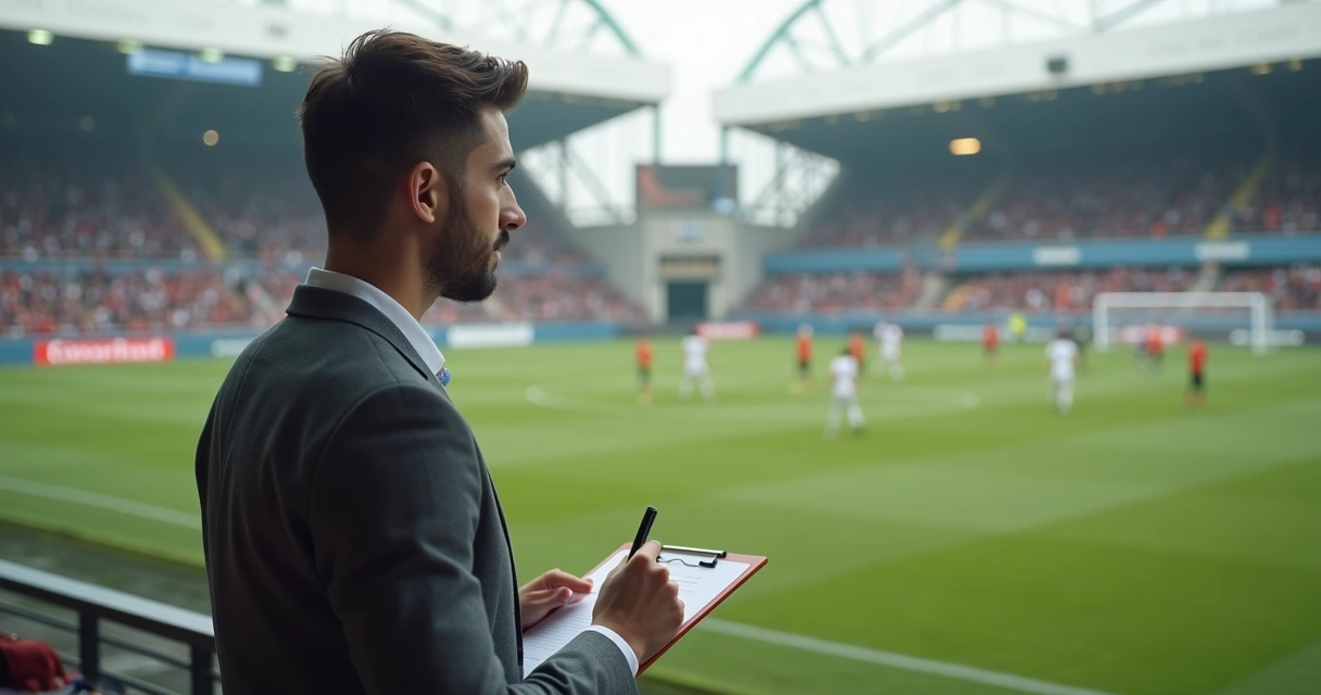 Estagiário observando partida de futebol em campo, fazendo anotações em prancheta, jogadores ao fundo 