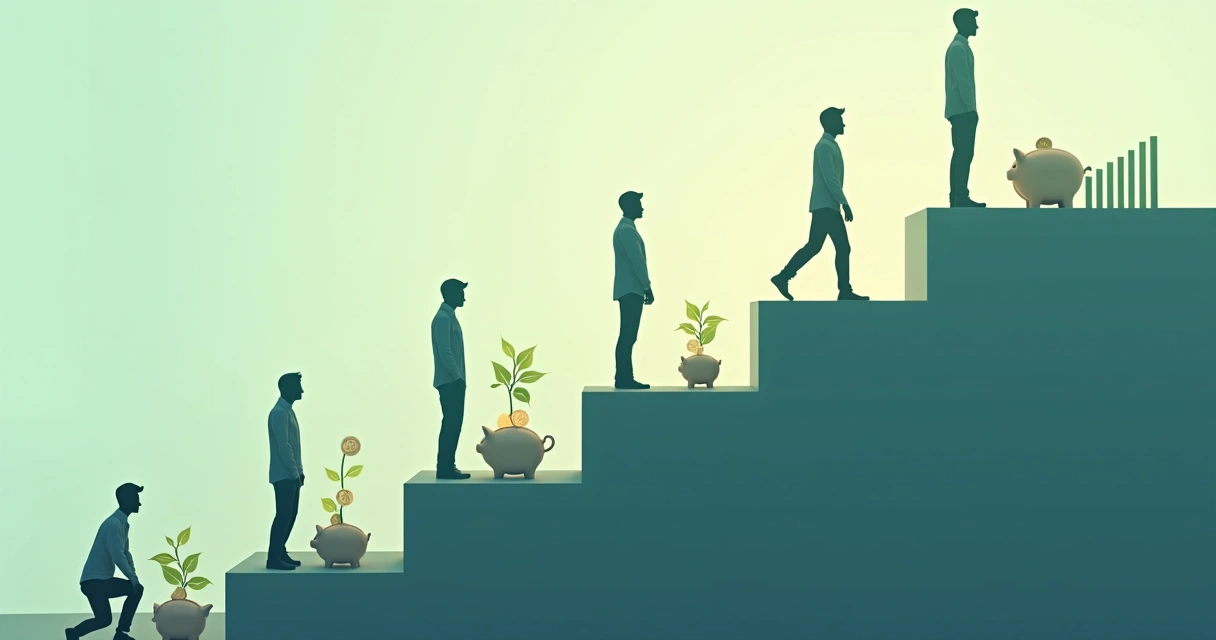 Ilustração dos sete degraus representando cada nível evolutivo, com símbolos financeiros ao redor