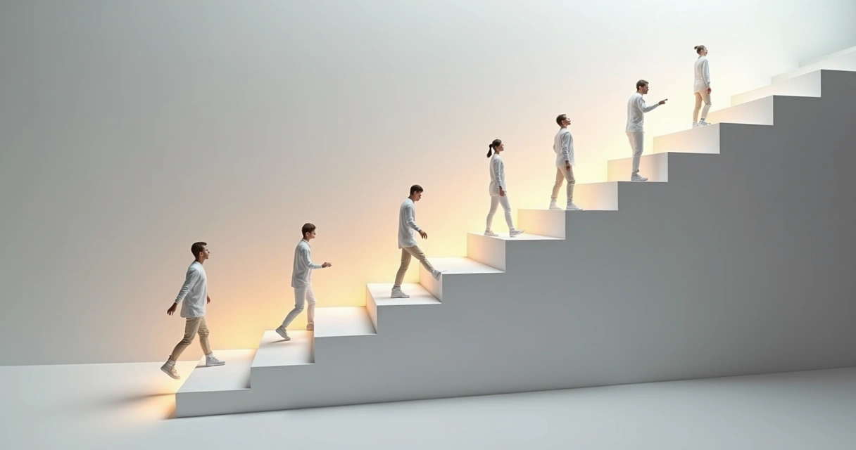 Sete degraus claros de uma escada com silhuetas subindo