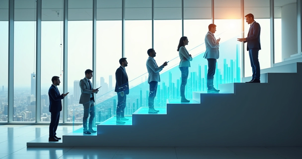 Linha de líderes empresariais em diferentes estágios de maturidade olhando para um gráfico em ascensão 