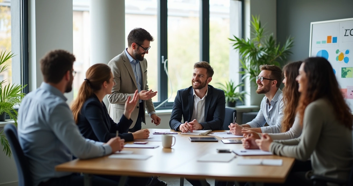 Ilustração mostrando equipe de trabalho com líder guiando discussão em sala moderna 
